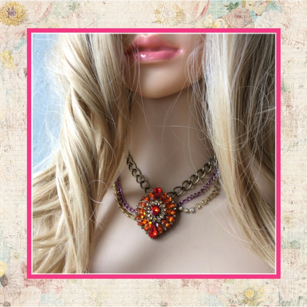 🌸 ORANGE FLOWER BLING BRONZE CHAIN NECKLACE CHIC